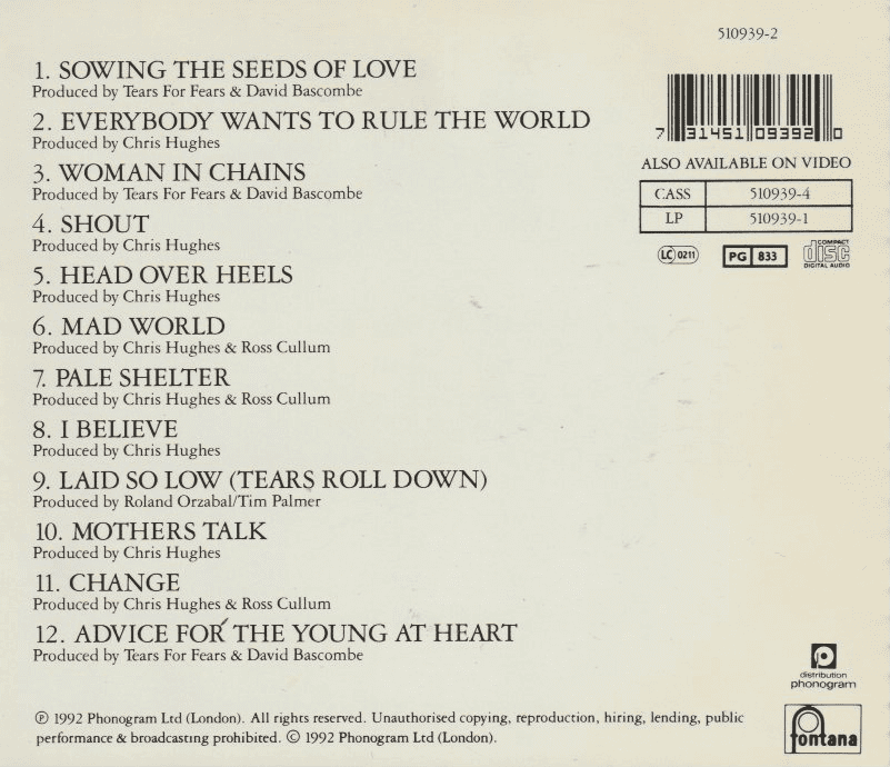 Tears For Fears – Tears Roll Down (Greatest Hits 82-92)