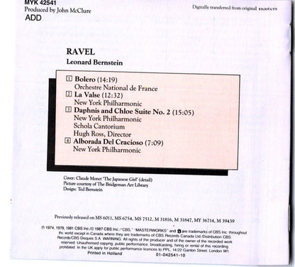 Maurice Ravel : Leonard Bernstein, New York Philharmonic Orchestra, The, Orchestre National De France - Bolero / La Valse / Alborada Del Gracioso / Daphnis Et Chloe Suite No. 2