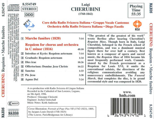Luigi Cherubini, Coro Della Radio Televisione Della Svizzera Italiana, Gruppo Vocale Cantemus, Orchestra Della Radio Televisione Della Svizzera Italiana, Diego Fasolis - Requiem / Marche Funèbre